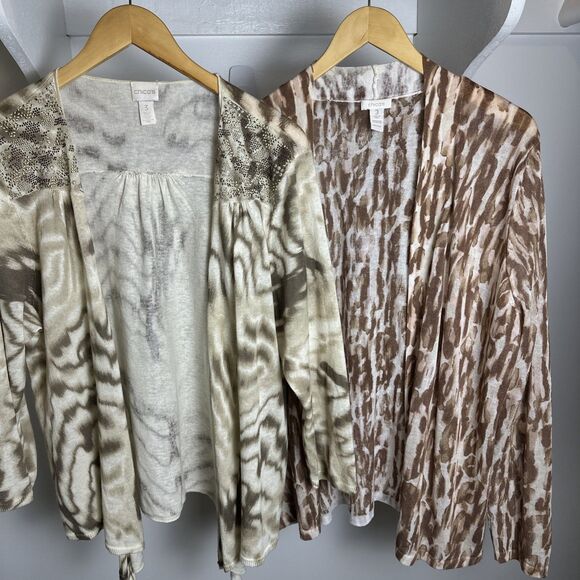 2pc Lot Chico’s Lightweight Cardigan Sweaters Size 3 Open Front Brown - Picture 2 of 16